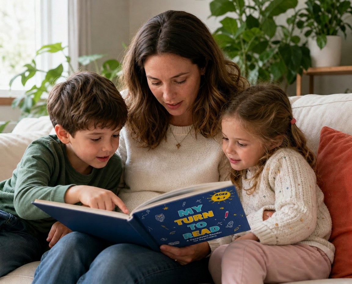 Children and parents reading the My Turn to Read decodable beginner reader together